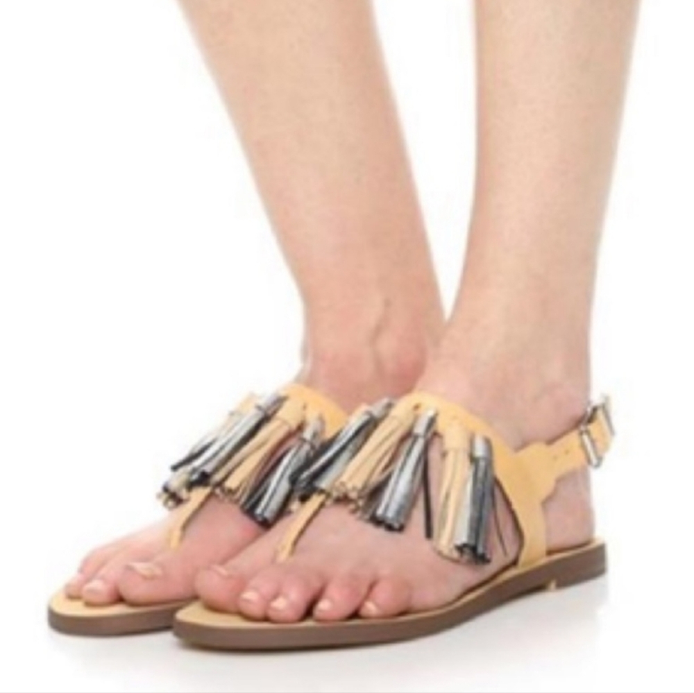 Rebecca Minkoff ERIN Leather Thong Buckled Sandal Metallic Silver Tan Tassels 7